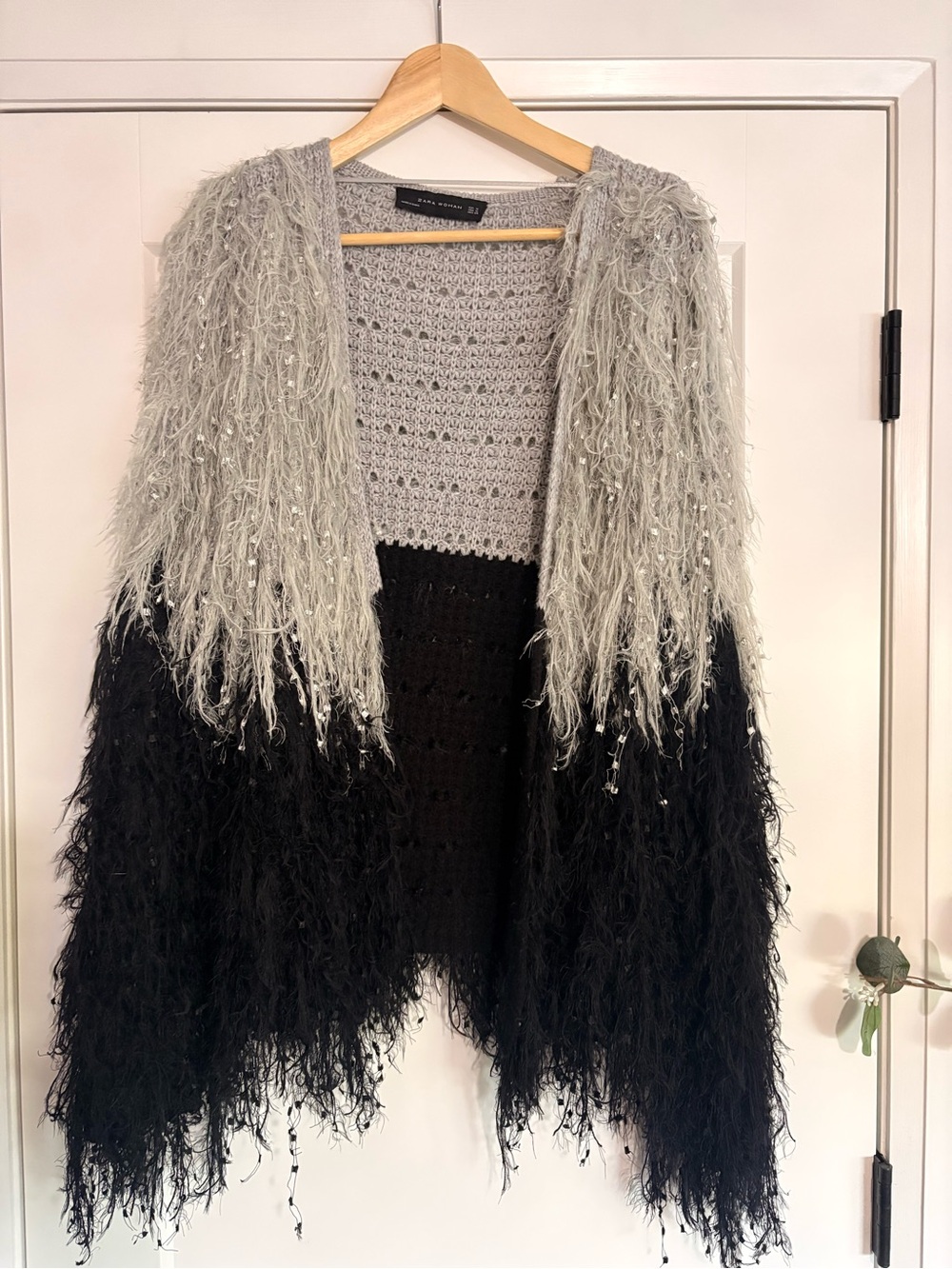 Zara Two-Tone Fringe Open Knit Cardigan - Gray & Black